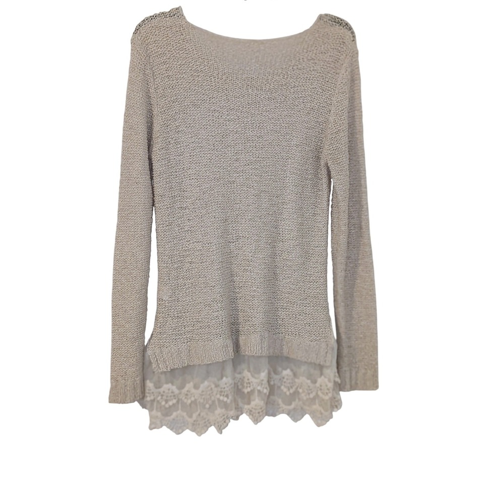Kate Collection Beige Open Knit‎ Lace Trim Sweater Medium Womens Long Sleeve
